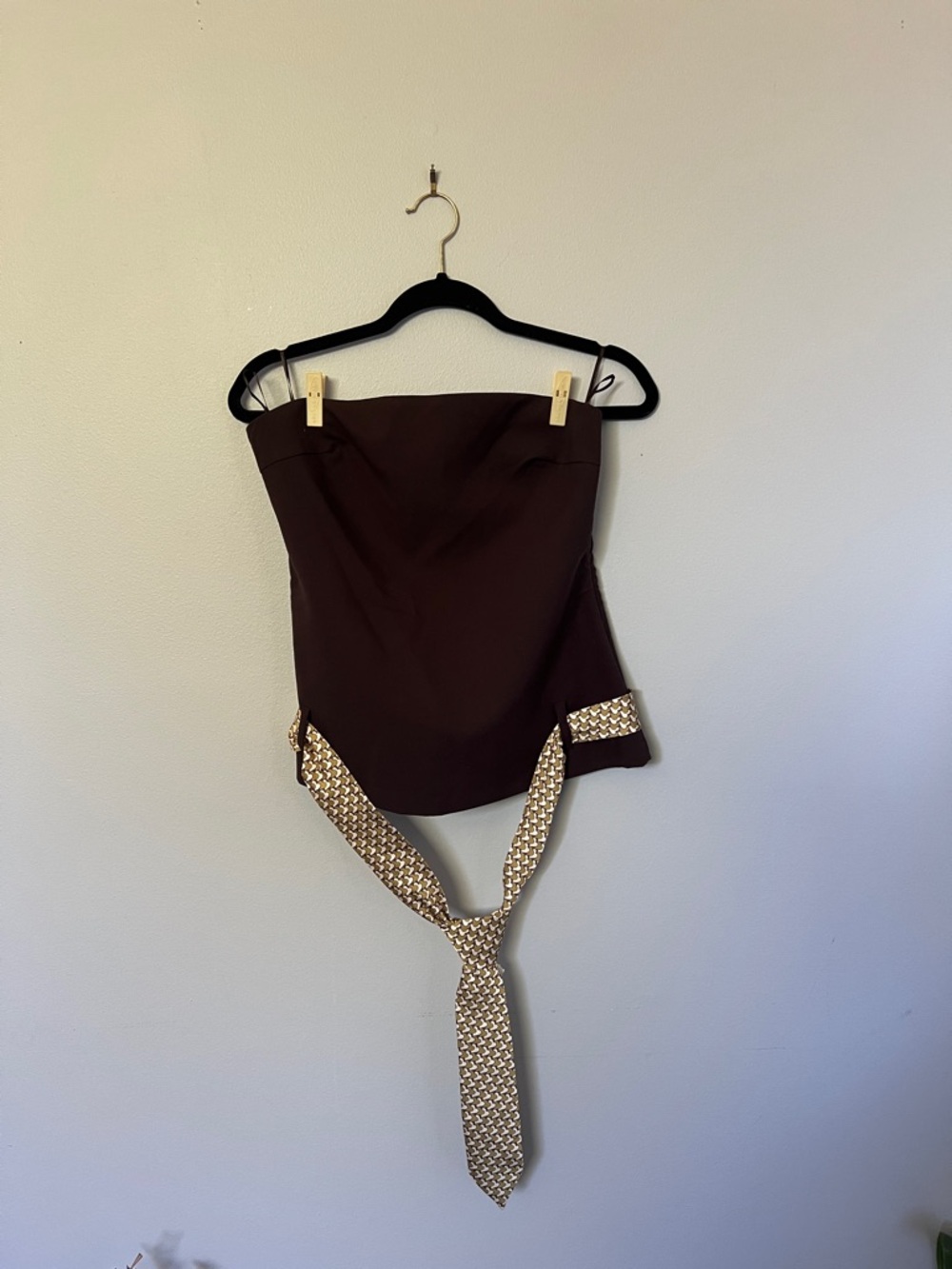 Zara Dark Brown Strapless Top with Gold-Toned Tie Detail